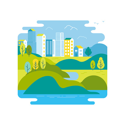 Vector illustration in trendy flat and linear style - background with green landscape and city skyline - concept and design element for banners, infographics, greeting card - travel concept