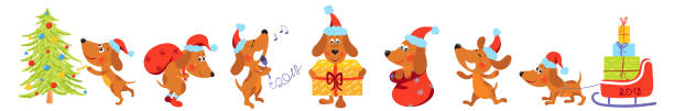 ilustrações, clipart, desenhos animados e ícones de banner horizontal com os cães do natal - dog set humor happiness