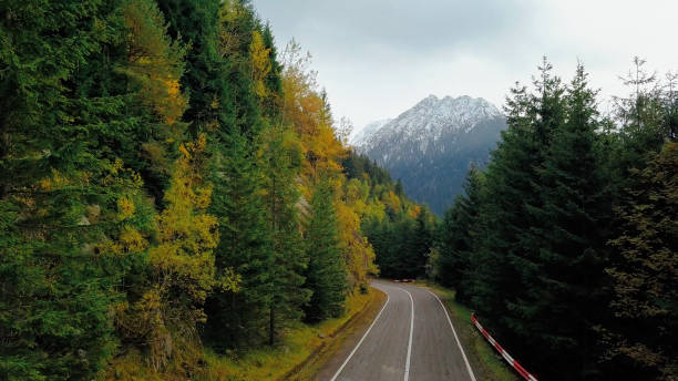 istock Highway and view at snowcapped mountain peak. 865628078