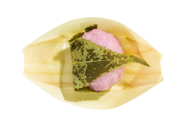 Mochi dessert japanese style in nature plate Mochi dessert japanese style in nature plate on top view and white background mochi cherry blossom cake stock pictures, royalty-free photos & images
