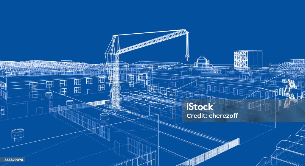 Industrial zone with buildings and cranes Industrial zone with buildings and cranes. Vector rendering of 3d Blueprint stock vector