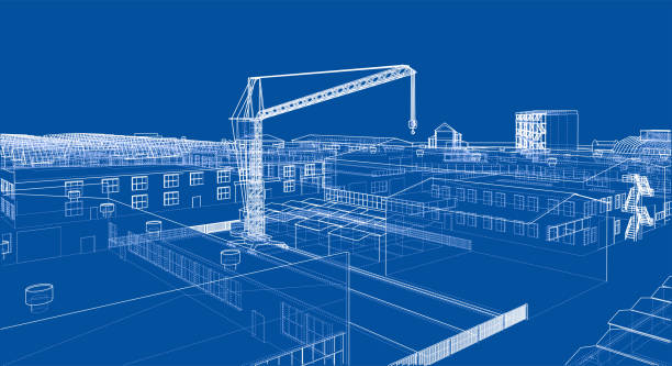 Industrial zone with buildings and cranes Industrial zone with buildings and cranes. Vector rendering of 3d industry drawings stock illustrations