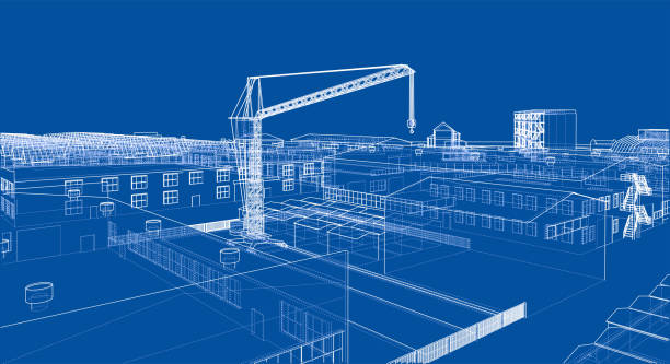 Industrial zone with buildings and cranes Industrial zone with buildings and cranes. Vector rendering of 3d wire frame model stock illustrations