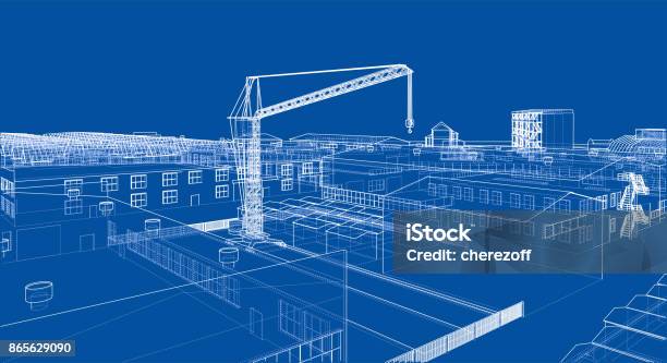 Industrial Zone With Buildings And Cranes Stock Illustration - Download Image Now - Blueprint, Construction Industry, Crane - Machinery