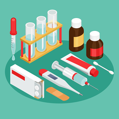 A set of vector isometric projection illustrations for advertising and announcements about pharmacy and medical items. Flat e-commerce symbols for buy or sell medicine and first aid stuff