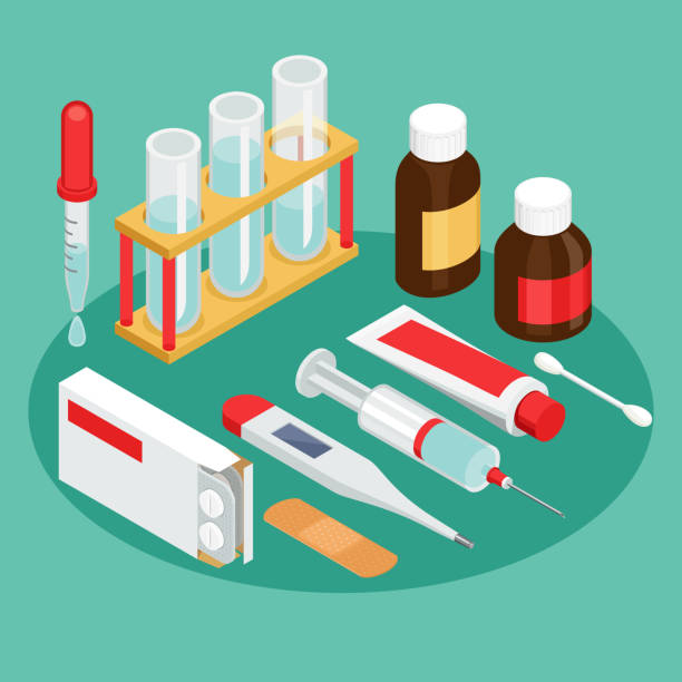 Flat symbols for ad about pharmacy, medical items A set of vector isometric projection illustrations for advertising and announcements about pharmacy and medical items. Flat e-commerce symbols for buy or sell medicine and first aid stuff dr seuss illustrations stock illustrations