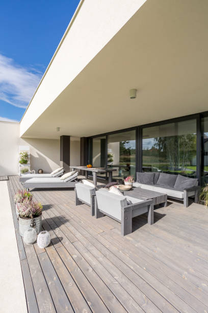 istock Grey garden furniture on terrace 865640056
