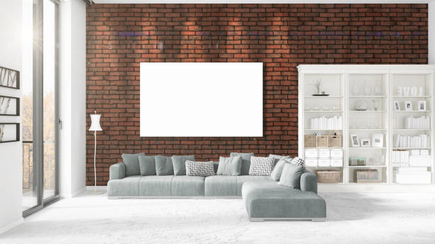 istock Fashionable modern loft interior with empty frame and copyspace in horizontal arrangement. 3D rendering. 865640278