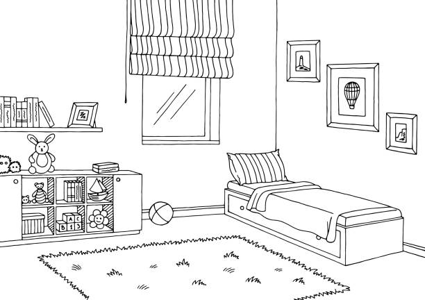 ilustrações, clipart, desenhos animados e ícones de vetor de ilustração gráfica preto branco desenho interior de quarto de crianças - bed bedroom cartoon furniture