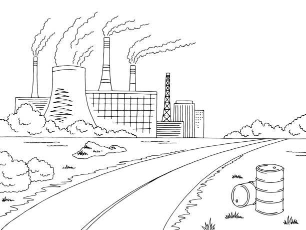 przemysł drogowy grafika zła ekologia czarny biały krajobraz szkic ilustracji wektor - factory pollution smoke cartoon stock illustrations