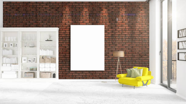 istock Fashionable modern interior with yellow recliner and empty frame and copyspace in vertical arrangement. 3D rendering. 865651358