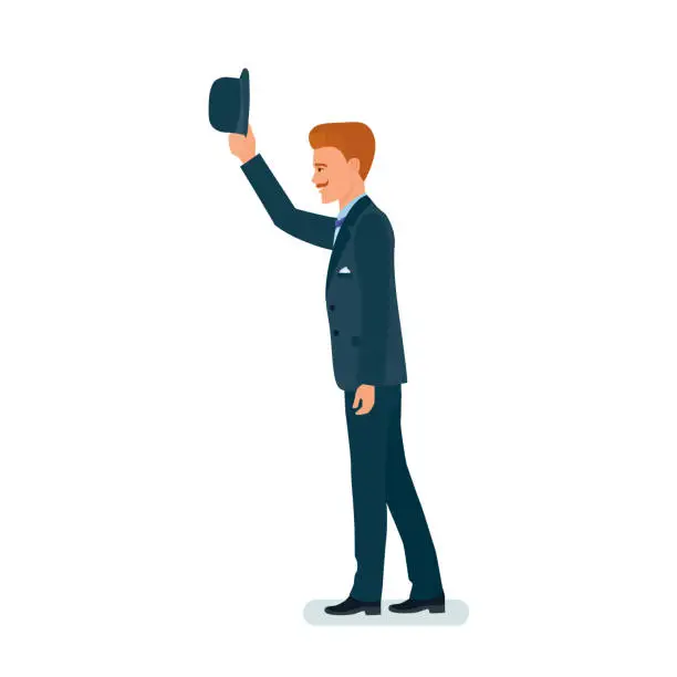 Vector illustration of Man showing gesture of greeting taking off hat from head