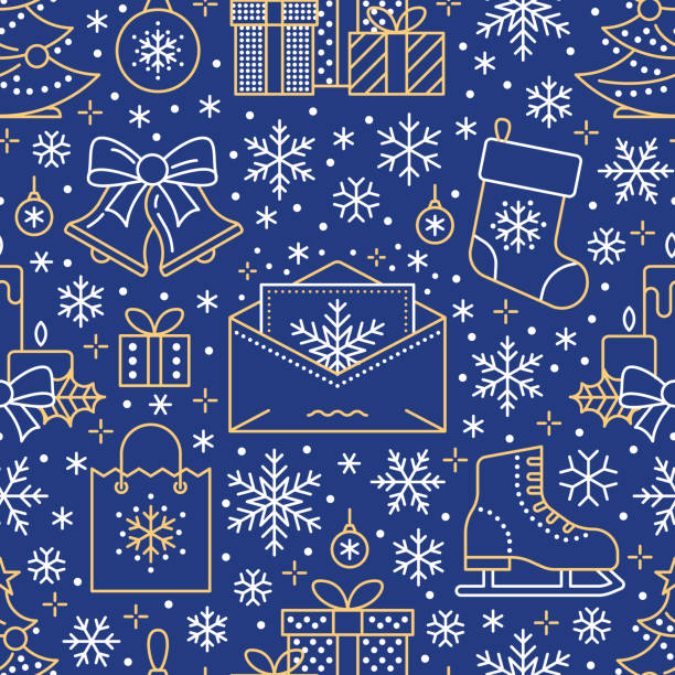 クリスマス、新年のシームレスなパターン、線図。冬の休日のクリスマス ツリー、プレゼント、サンタ、プレゼント、ジングルの鐘への手紙のベクター アイコン。出版記念パーティで青色の繰り返される背景 - christmas candle wreath backgrounds点のイラスト素材／クリップアート素材／マンガ素材／アイコン素材