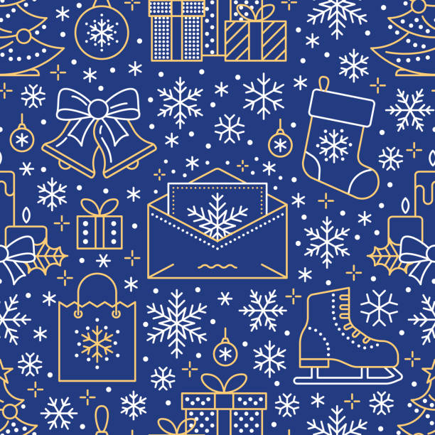 Christmas, new year seamless pattern, line illustration. Vector icons of winter holidays christmas tree, gifts, letter to santa, presents, jingle bells. Celebration party blue repeated background Christmas, new year seamless pattern, line illustration. Vector icons of winter holidays christmas tree, gifts, letter to santa, presents, jingle bells. Celebration party blue repeated background. christmas stocking background stock illustrations