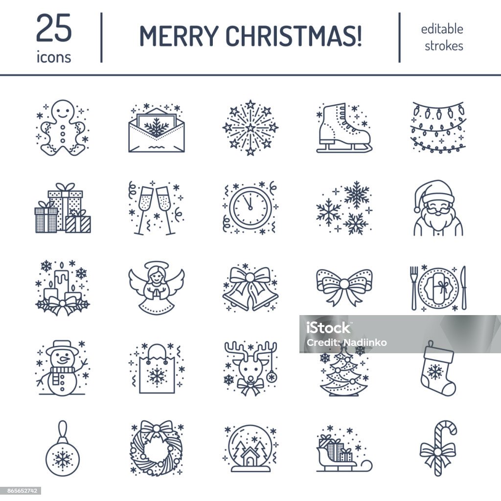Christmas, new year flat line icons. Winter holidays - christmas tree gift, snowman, santa claus, fireworks, angel. Vector illustration, signs for celebration xmas party Christmas, new year flat line icons. Winter holidays - christmas tree gift, snowman, santa claus, fireworks, angel. Vector illustration, signs for celebration xmas party. Christmas stock vector