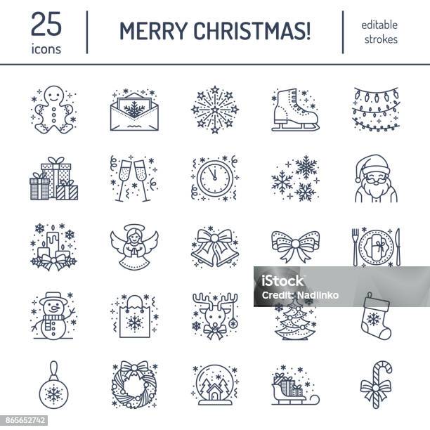 Christmas New Year Flat Line Icons Winter Holidays Christmas Tree Gift Snowman Santa Claus Fireworks Angel Vector Illustration Signs For Celebration Xmas Party Stock Illustration - Download Image Now