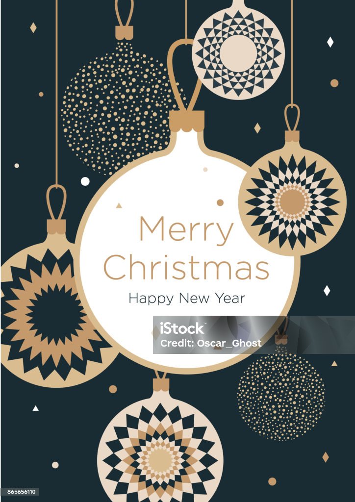 Christmas greeting card. Golden Christmas balls on a dark blue background New Year's design template with a window for text. Vector flat. Vertical format Christmas stock vector