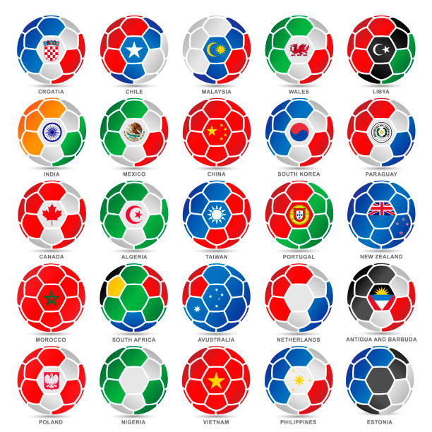 25 flaggen der welt auf fußbälle - soccer soccer ball symbol algeria stock-grafiken, -clipart, -cartoons und -symbole