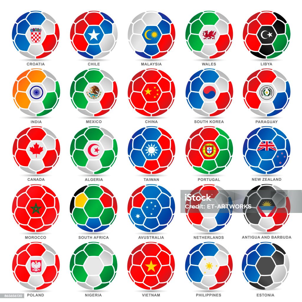 25 Flags of world on soccer balls - Royalty-free Bola de Futebol arte vetorial