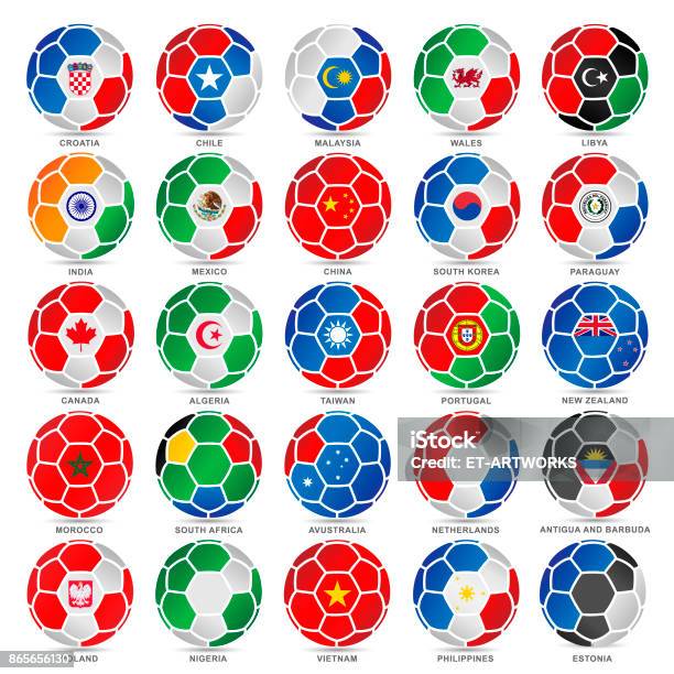 25 Flags Of World On Soccer Balls - Arte vetorial de stock e mais imagens de Bola de Futebol - Bola de Futebol, Futebol, Bandeira