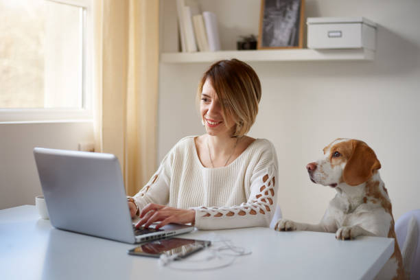 istock Woman using laptop. her dog next to her 865660538
