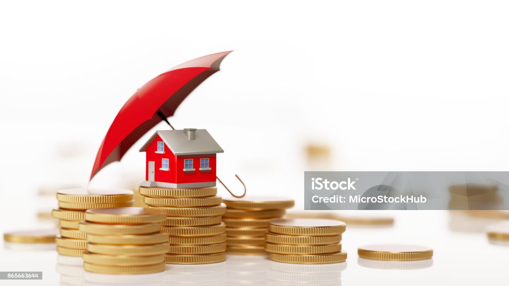 Red Toy House Sitting On White Background Behind Coin Stack: Insurance And Real Estate Concept Red toy house is sitting behind  a coin stack under a red umbrella. Horizontal composition with selective focus and copy space. Real Estate and Insurance Concept. Insurance Stock Photo