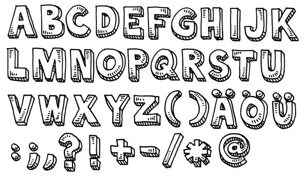 ilustraciones, imágenes clip art, dibujos animados e iconos de stock de alfabeto mayúsculas y especiales personajes de dibujo - doodle alphabet text drawing