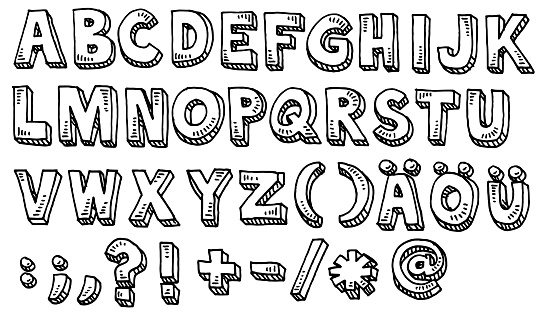 Hand-drawn vector drawing of an Alphabet Capital Letters And Special Characters, including german Umlauts. Black-and-White sketch on a transparent background (.eps-file). Included files are EPS (v10) and Hi-Res JPG.