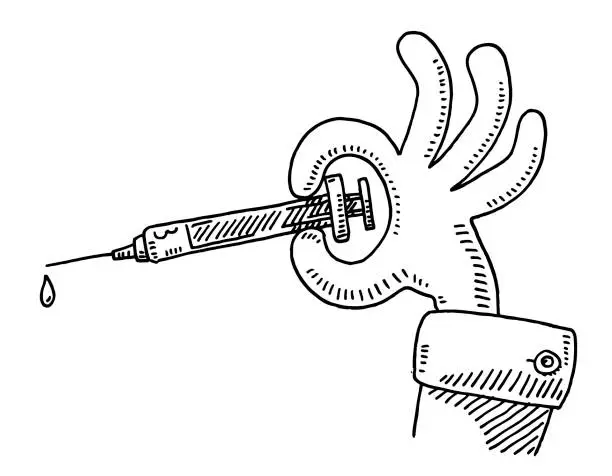 Vector illustration of Cartoon Hand Holding Syringe Drawing