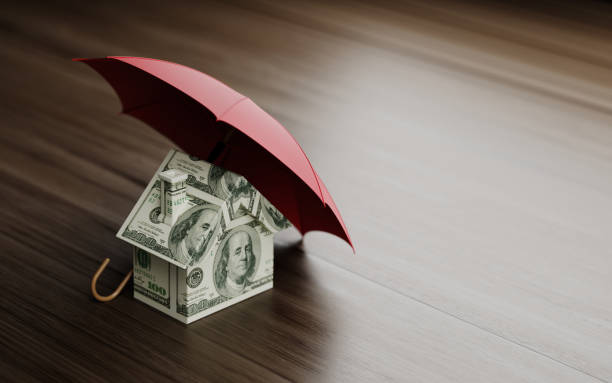 istock US Dollar Textured Toy House Standing On Brown Reflective Wood Surface Under A Red Umbrella 865663974