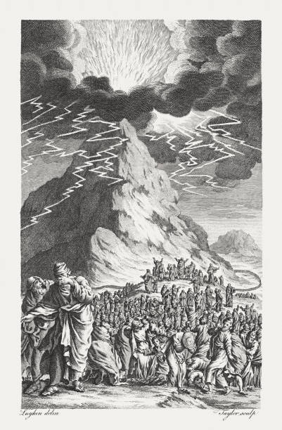 Legislation to Israel at Mount Sinai (Exodus 19), published 1774 Awful appearance of Mount Sinai previous to the delivery of the Law (Exodus 19, 18). Copperplate engraving by Jan Luyken (Dutch engraver, 1649 - 1712), published in 1774. mt sinai stock illustrations