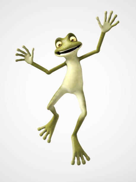 istock 3D rendering of cartoon frog jumping for joy. 865664606