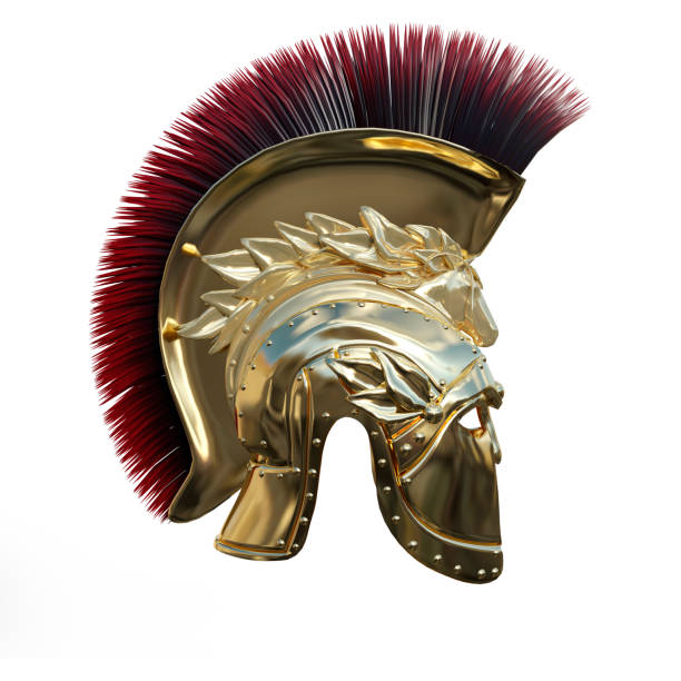 3D rendering ancient Greek helmet on white 3D rendering of an ancient Greek helmet isolated on white background roman army stock pictures, royalty-free photos & images