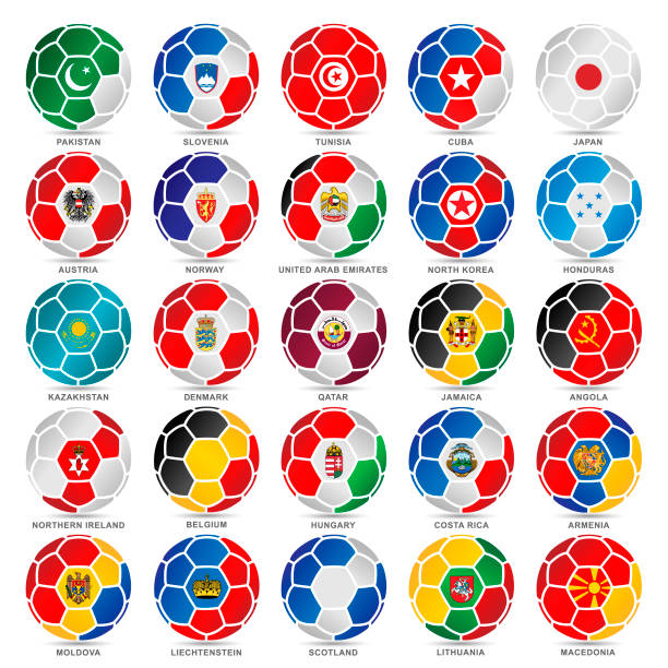 ilustrações, clipart, desenhos animados e ícones de 25 bandeiras do mundo em bolas de futebol - equipa internacional de futebol