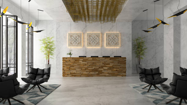 istock Interior of a hotel spa reception 3D illustration 865668448