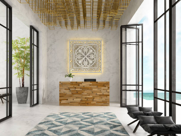 istock Interior of a hotel spa reception 3D illustration 865668576