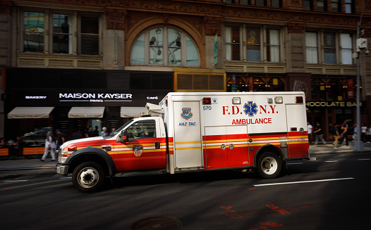 New York: FDNY Ambulance car. FDNY is a department of the government of NYC and is the largest combined Fire and EMS provider in the world