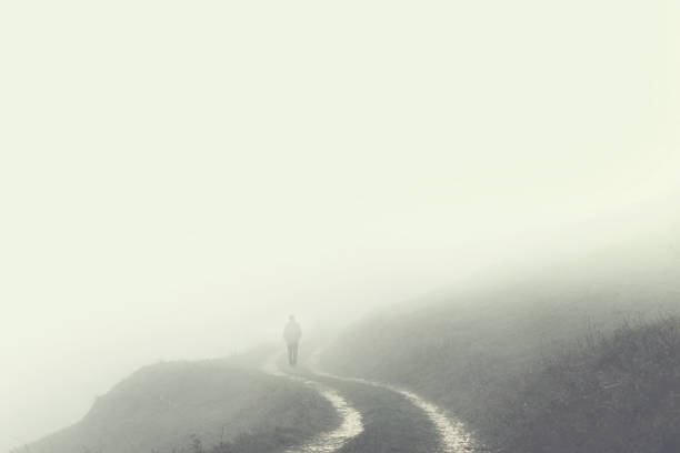 hombre solitario, desapareciendo en la niebla - solitude morning nature rural scene fotografías e imágenes de stock