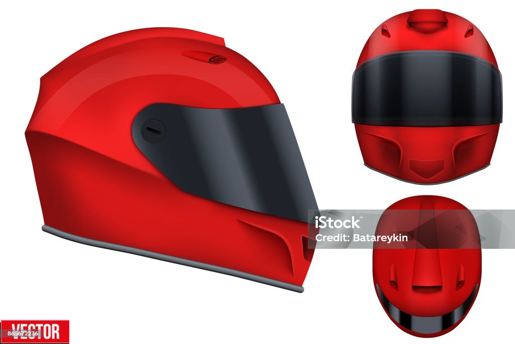 Motor racing helmet with glass visor. Set of Red motor racing helmets with closed glass visor. For car and motorcycle sport. Front and side and top view. Vector Illustration isolated on white background. Sports Helmet stock vector