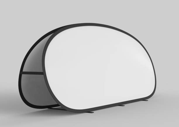 istock Blank white pop up advertising frame banners are ideal for outdoor sporting horizontal display event branding. Portable lightweight system. 3d render illustration. 865673118