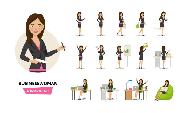 ilustraciones, imágenes clip art, dibujos animados e iconos de stock de conjunto de caracteres de trabajo empresaria en situaciones de trabajo de oficina - chica oficina vista trasera