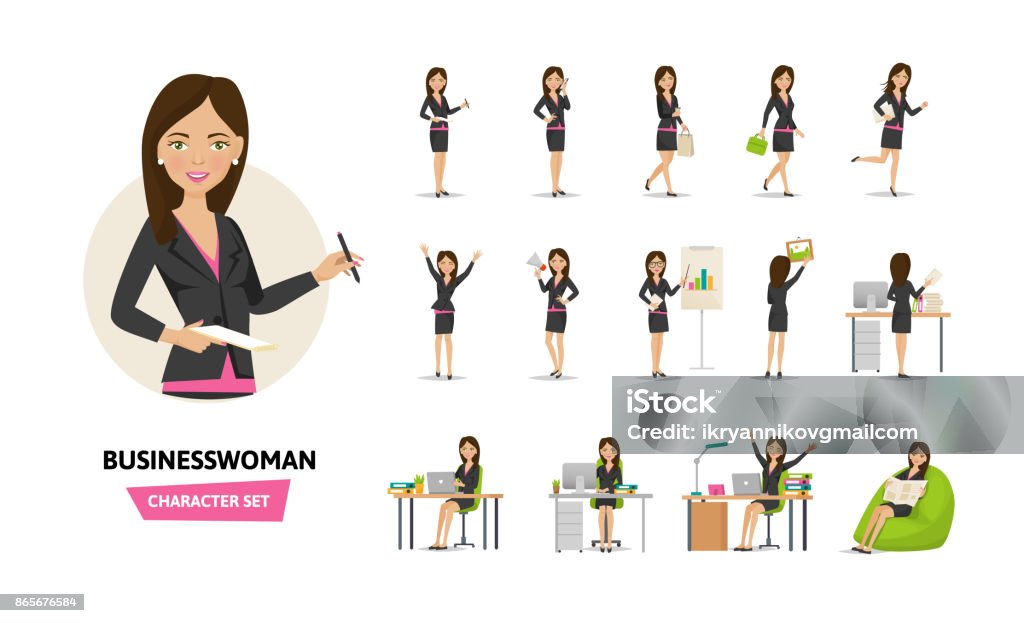 Set of businesswoman working character in office work situations Set of businesswoman working cartoon character in office work situations. Young clerk woman in office clothes. Different poses and emotions, gestures, actions. Vector illustration front, rear view. Characters stock vector