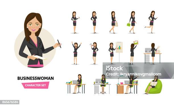 Set Of Businesswoman Working Character In Office Work Situations Stock Illustration - Download Image Now