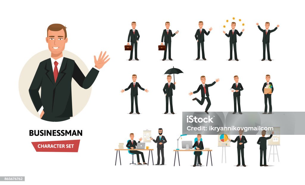 Clerk man in formal wear. Different poses, emotions, gestures, actions Set of businessman working cartoon character in office work situations. Young clerk man in office clothes. Different poses and emotions, gestures, actions. Illustration front and rear view. Businessman stock vector