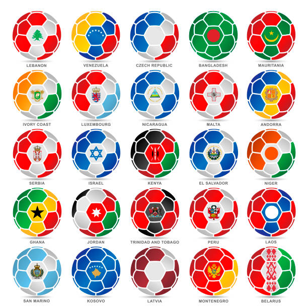 25 Flags of world on soccer balls 25 Flags of world on soccer balls. Eps10 vector illustration with layers (removeable). EPS and high resolution jpeg file included (300dpi). italy soccer stock illustrations