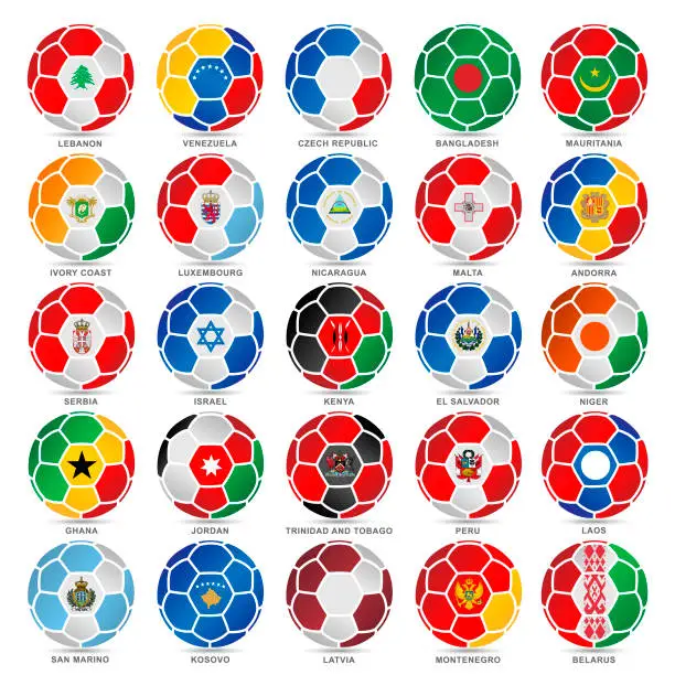 Vector illustration of 25 Flags of world on soccer balls