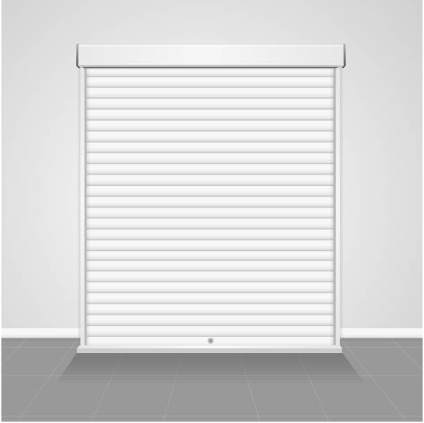 Realistic Detailed 3d Template Blank White Warehouse Shutter Door. Vector Realistic Detailed 3d Template Blank White Warehouse Shutter Metallic Door. Vector illustration of Empty Mock Up Closed Gate roll a door stock illustrations