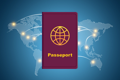 Vector passport with world map in background with connexion flights