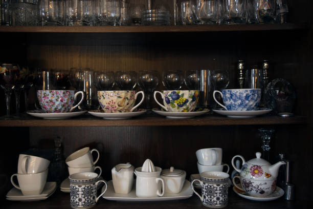 istock Tea utensils, coffee and beverages on the shelves 865684844
