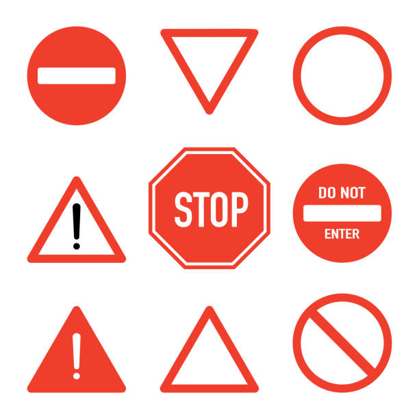 ilustrações de stock, clip art, desenhos animados e ícones de set of prohibitory road stop signs, flat vector illustration isolated on white background. traffic safety sign concept, different shapes and forms. stop sign set, front view. traffic warning signs. - stop sign stop road sign sign